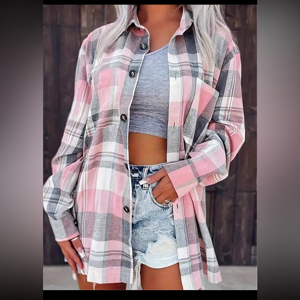 Pink & Gray Plaid Button Down Flannel XL